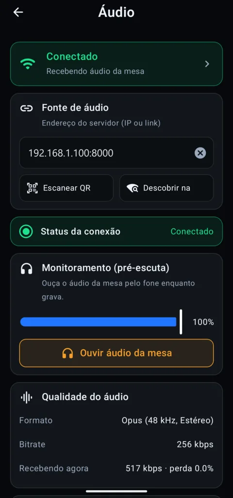 Tela Áudio do app Kinnor Live: conectado, recebendo o áudio da mesa, com o botão Ouvir áudio da mesa
