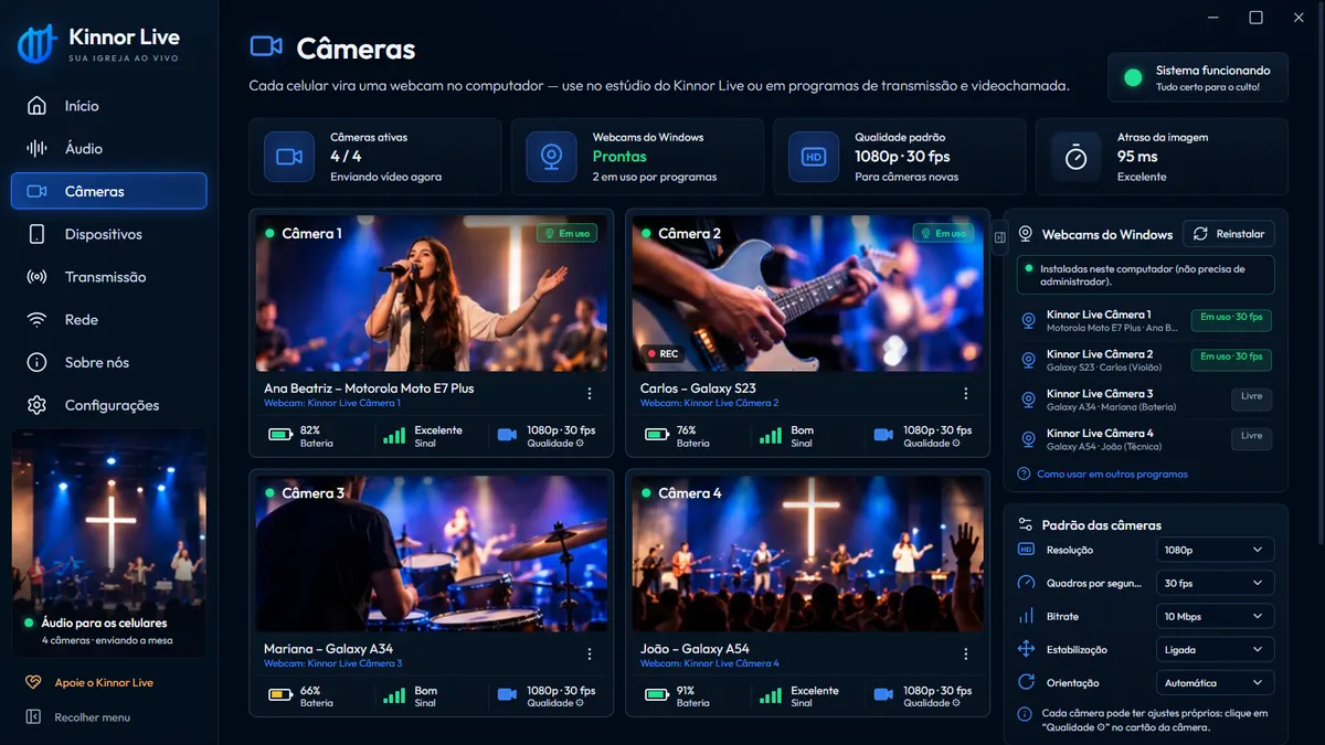 Tela Câmeras do Kinnor Live: quatro celulares da equipe funcionando como webcams do Windows