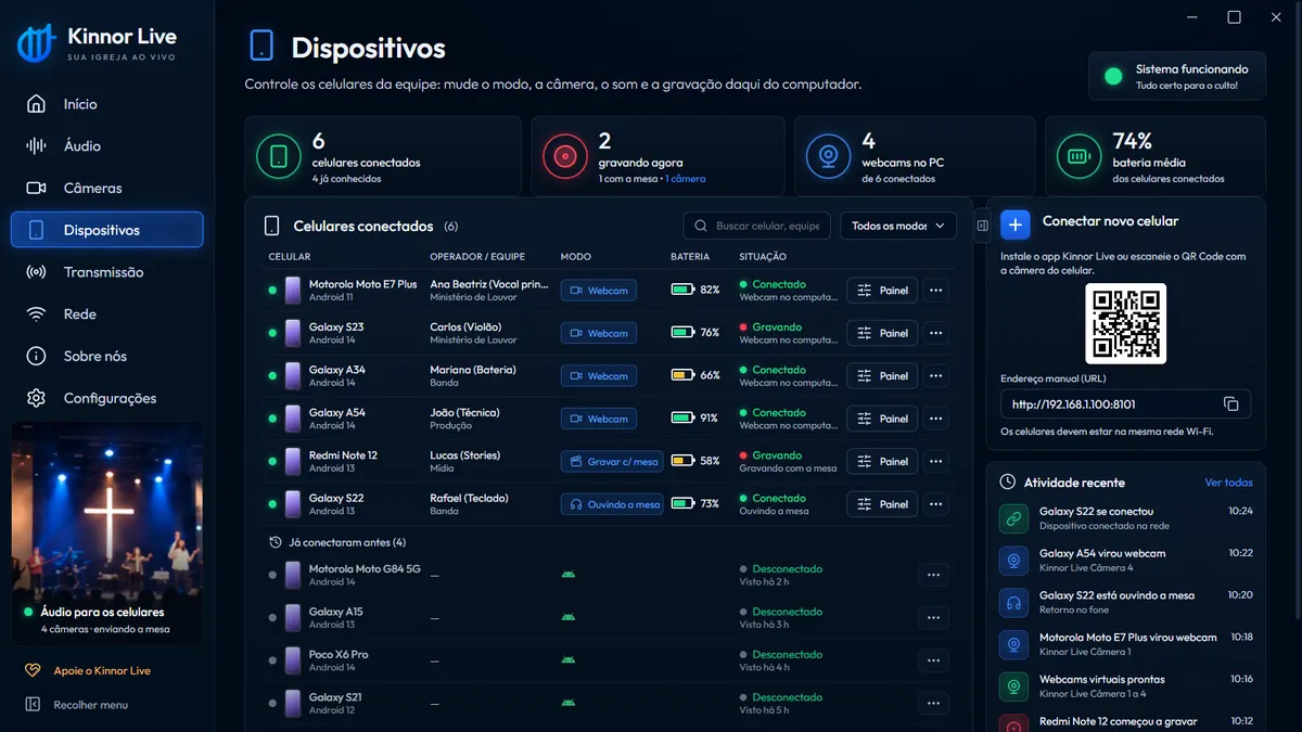 Tela Dispositivos do Kinnor Live: lista dos celulares com função, bateria e sinal