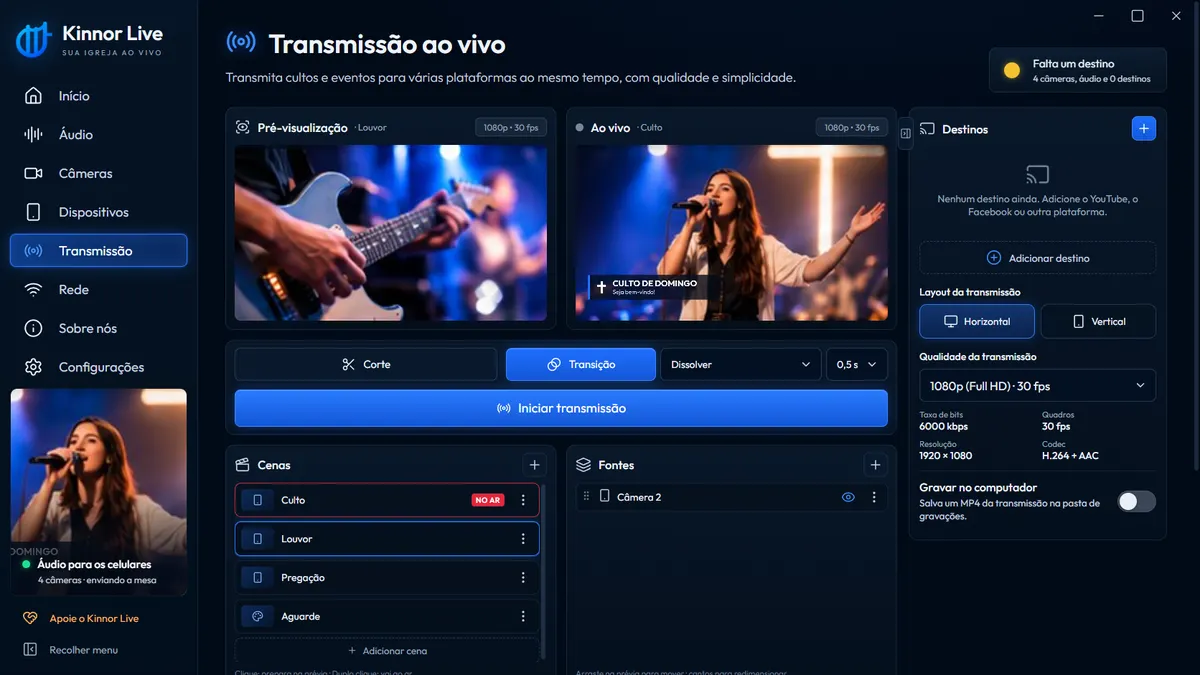 Tela Transmissão do Kinnor Live: pré-visualização, imagem ao vivo, cenas e destinos