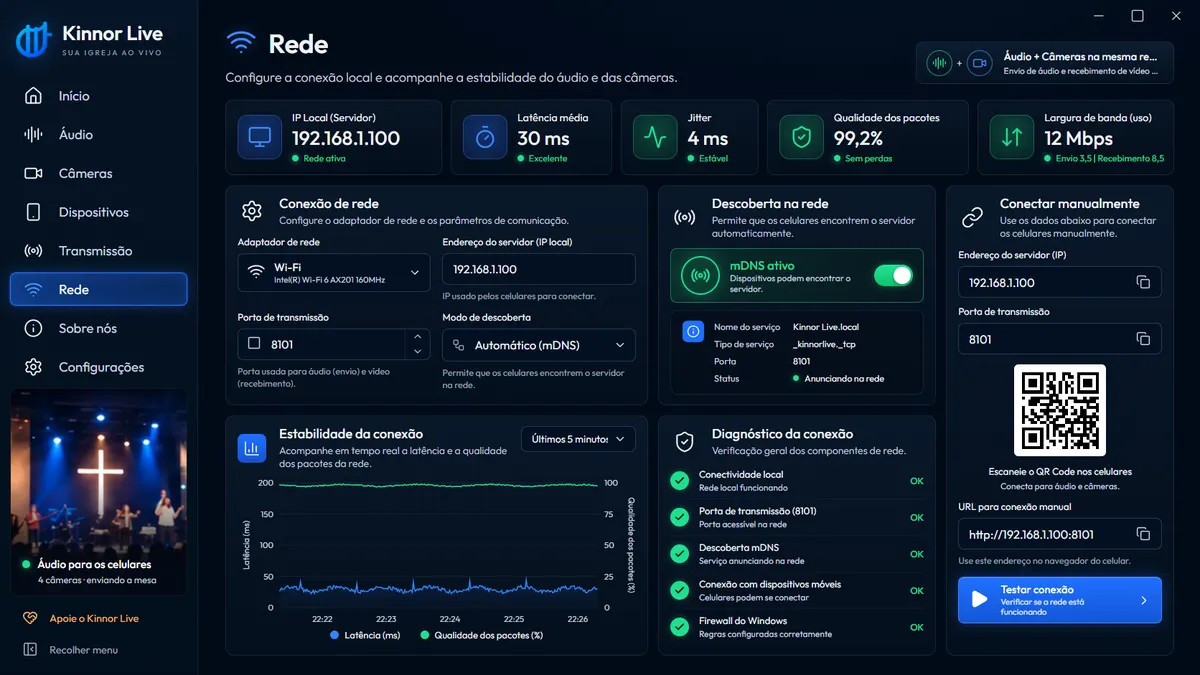 Tela Rede do Kinnor Live: QR Code para conectar os celulares e o estado da conexão
